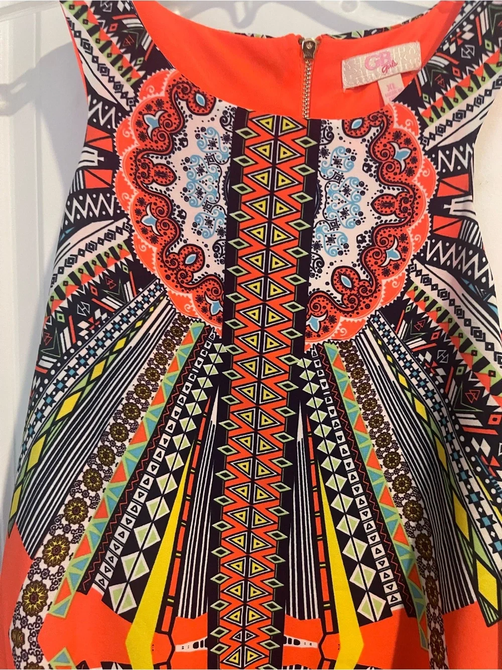 GB girls Coral and Multicolor Geometric Sleeveless Dress XL A Line Knee Length
